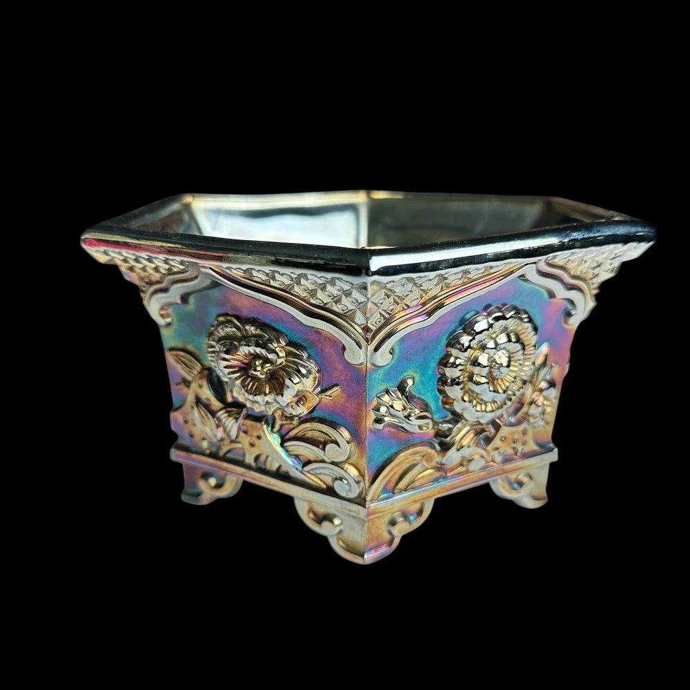 Fenton Carnival Glass Planter Hexagon Silver Iridescent Floral Bowl 7.5in Repair